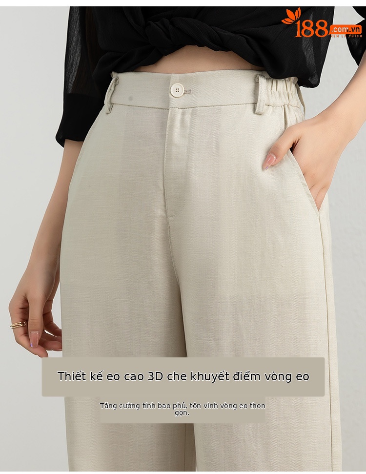 Quần culottes nữ ống rộng linen thoáng khí dáng suông mùa hè — Trắng (có lót, dài đến bắp chân) chi tiết 5