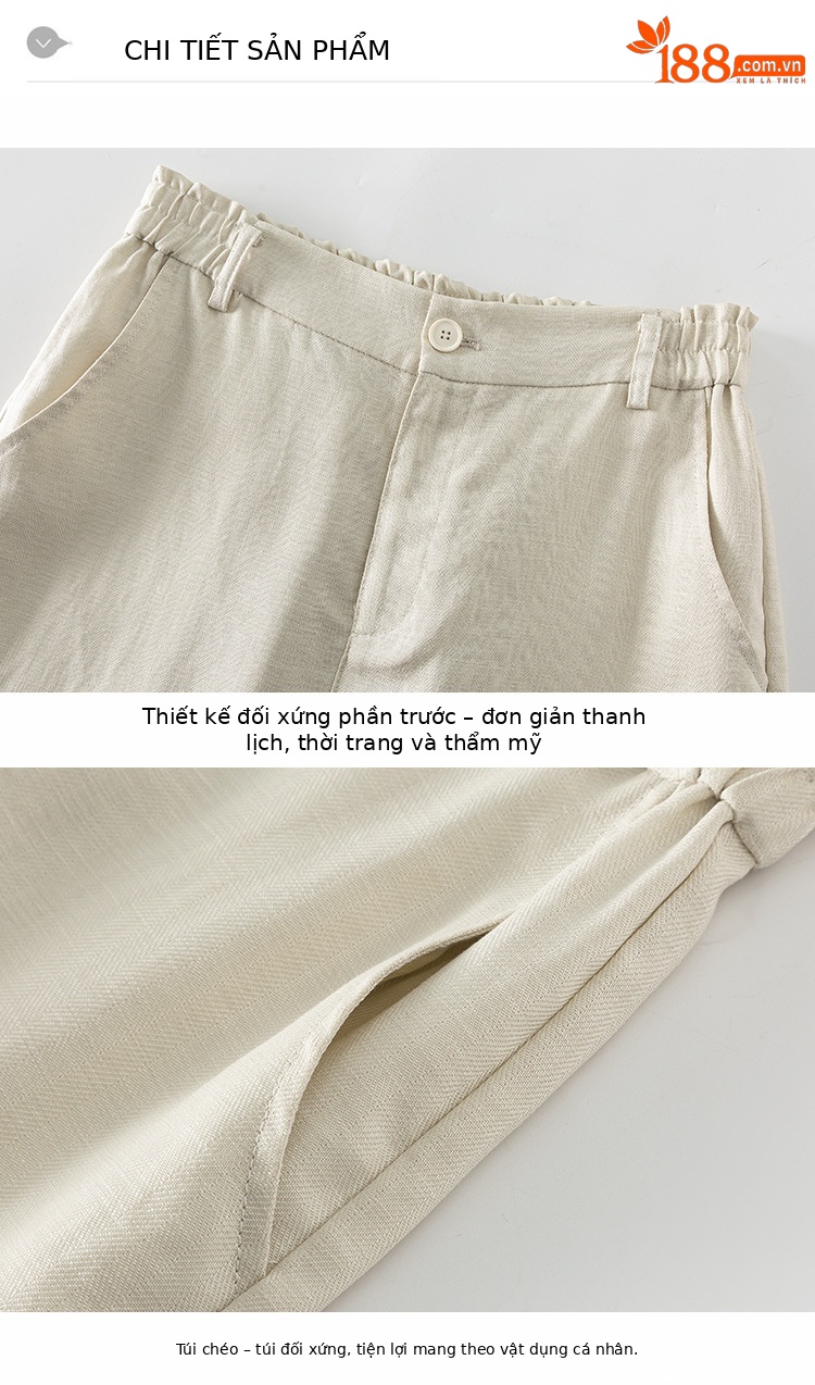 Quần culottes nữ ống rộng linen thoáng khí dáng suông mùa hè — Trắng (có lót, dài đến bắp chân) chi tiết 14