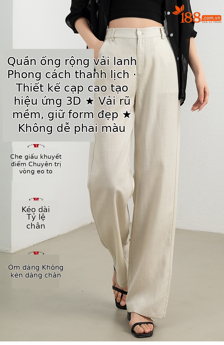 Quần culottes nữ ống rộng linen thoáng khí dáng suông mùa hè — Trắng (có lót, dài đến bắp chân) chi tiết 1