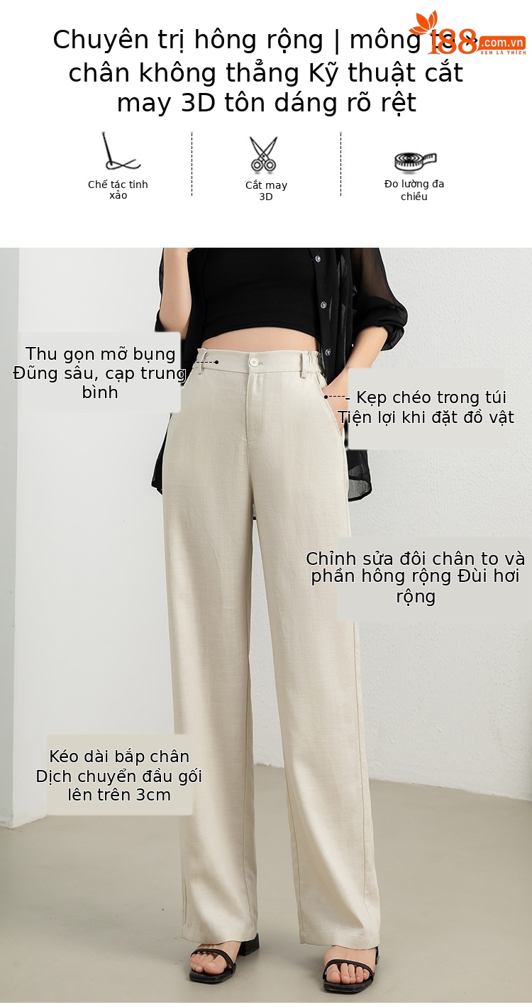 Quần culottes nữ ống rộng linen thoáng khí dáng suông mùa hè — Trắng (có lót, dài đến bắp chân) chi tiết 4