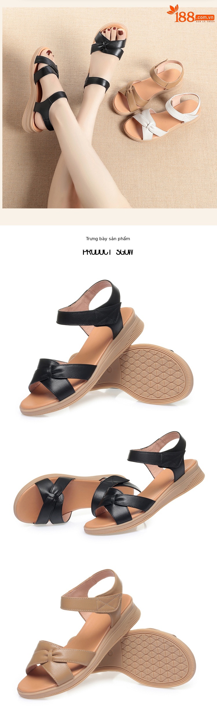 Dép sandal nữ xỏ ngón đế bệt da thật chống trượt mùa hè — Màu đen chi tiết 5