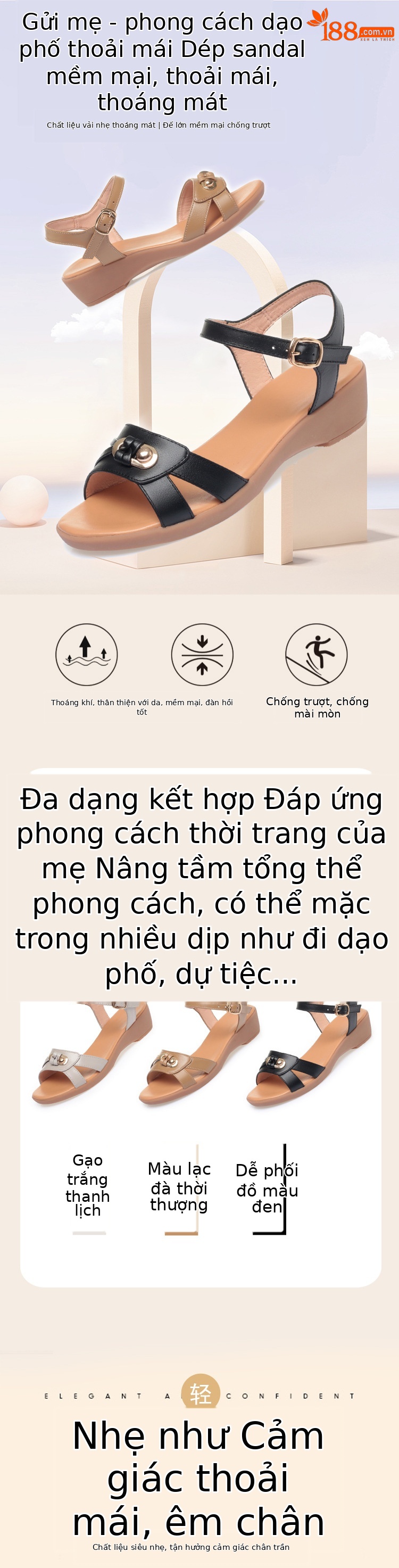 Sandal nữ đế xuồng da thật chống trượt, đế bệt mềm cho người trung niên — Màu đen chi tiết 1