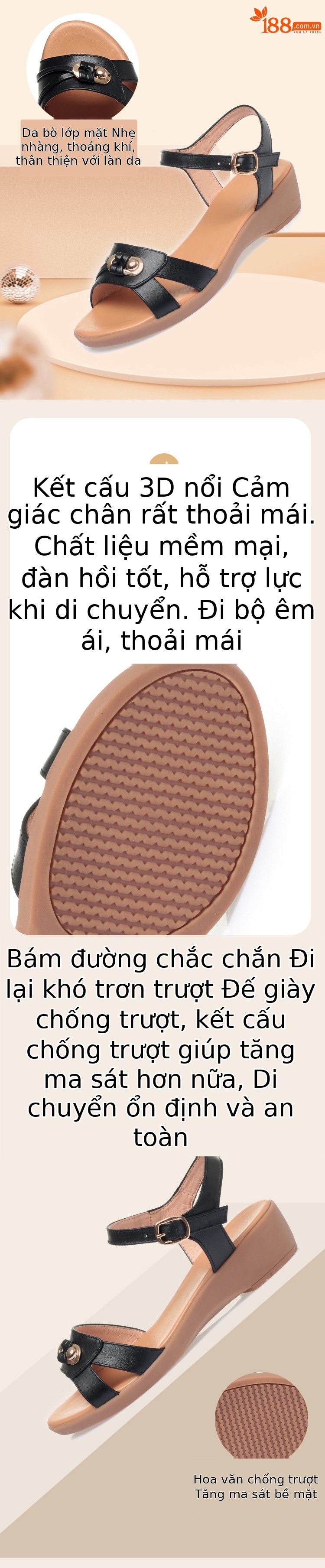 Sandal nữ đế xuồng da thật chống trượt, đế bệt mềm cho người trung niên — Màu đen chi tiết 2