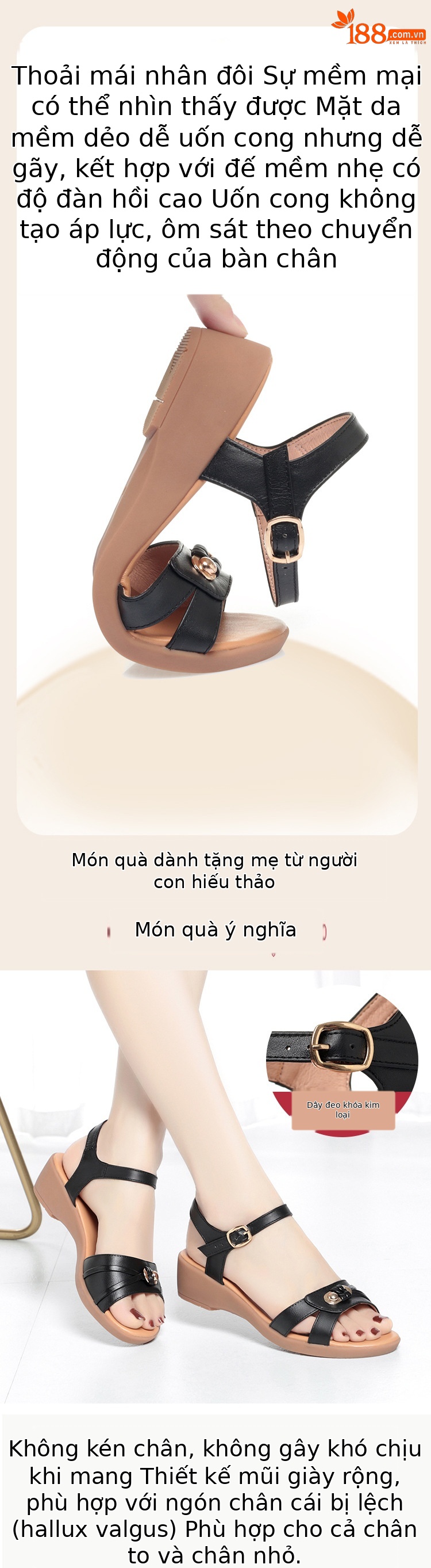 Sandal nữ đế xuồng da thật chống trượt, đế bệt mềm cho người trung niên — Màu đen chi tiết 3