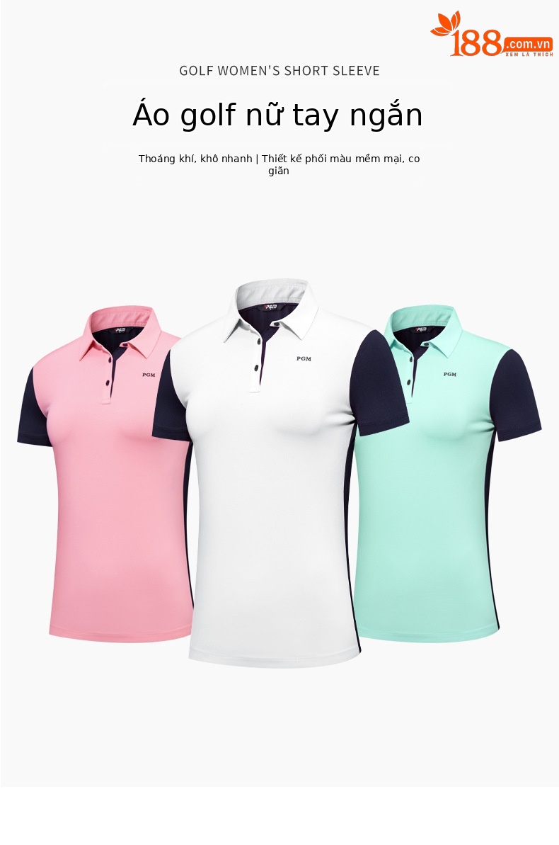 Áo thun nữ ngắn tay phối màu thể thao golf thoáng khí — YF554-Áo màu hồng, YF554-Áo màu trắng, KUZ149-Quần màu xanh nước biển, KUZ149-Quần Trắng chi tiết 2