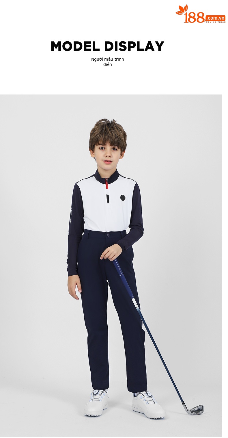 Quần dài golf trẻ em PGM thắt lưng co giãn cho bé trai mùa hè — Yf601-áo màu trắng, Yf601-áo màu xanh hải quân trắng, KUZ161-Quần Đen, Yf601-áo màu đen trắng chi tiết 6