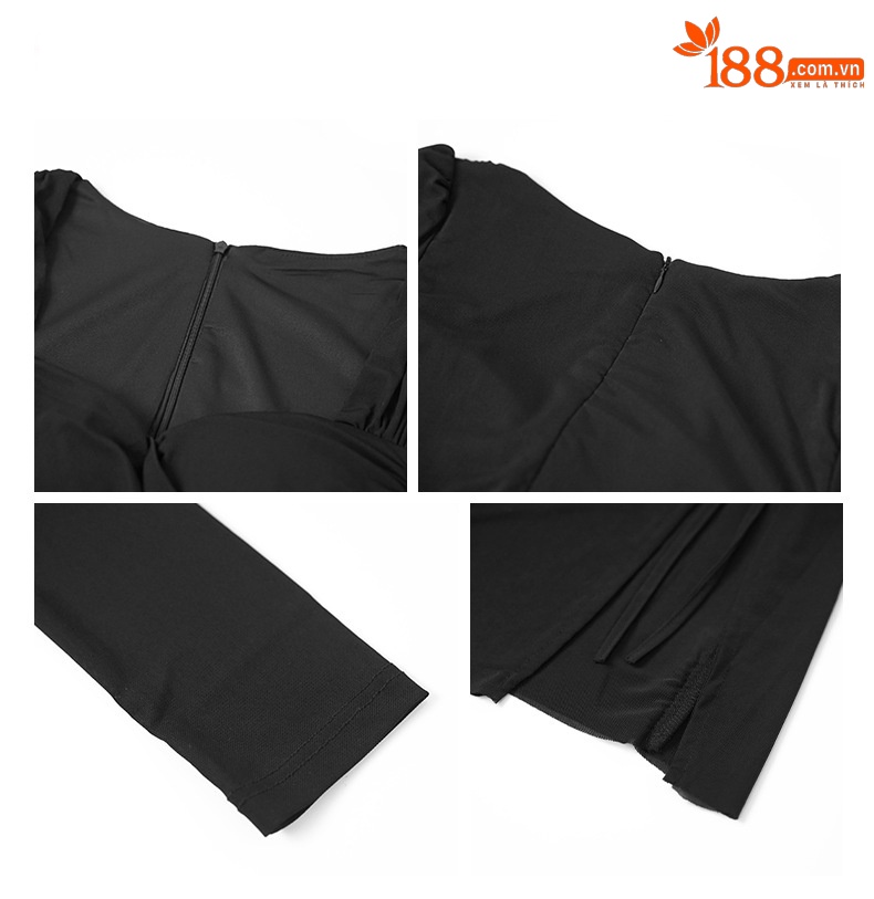 Đầm ôm body nữ tay dài chất liệu lưới phối ren, xẻ tà — Màu đen chi tiết 2