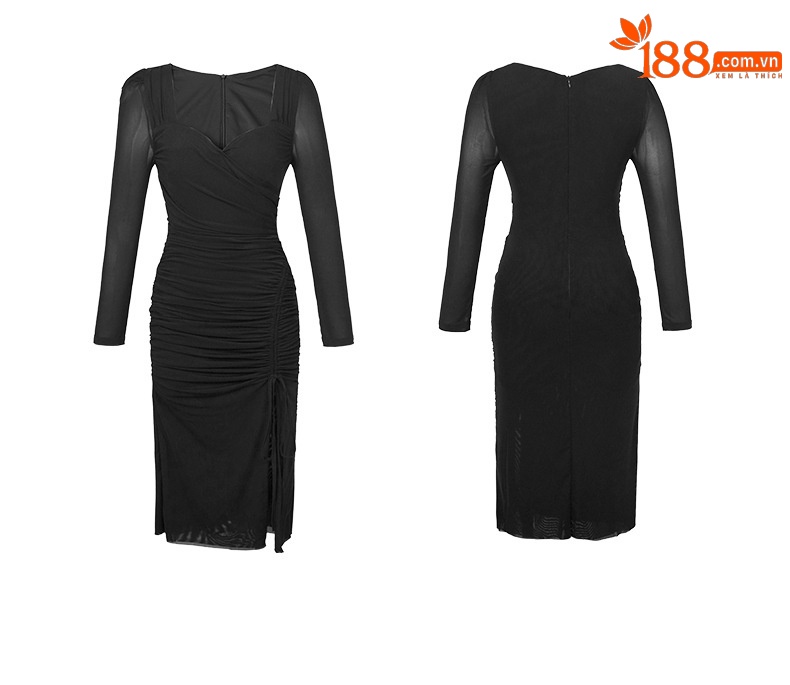 Đầm ôm body nữ tay dài chất liệu lưới phối ren, xẻ tà — Màu đen chi tiết 3