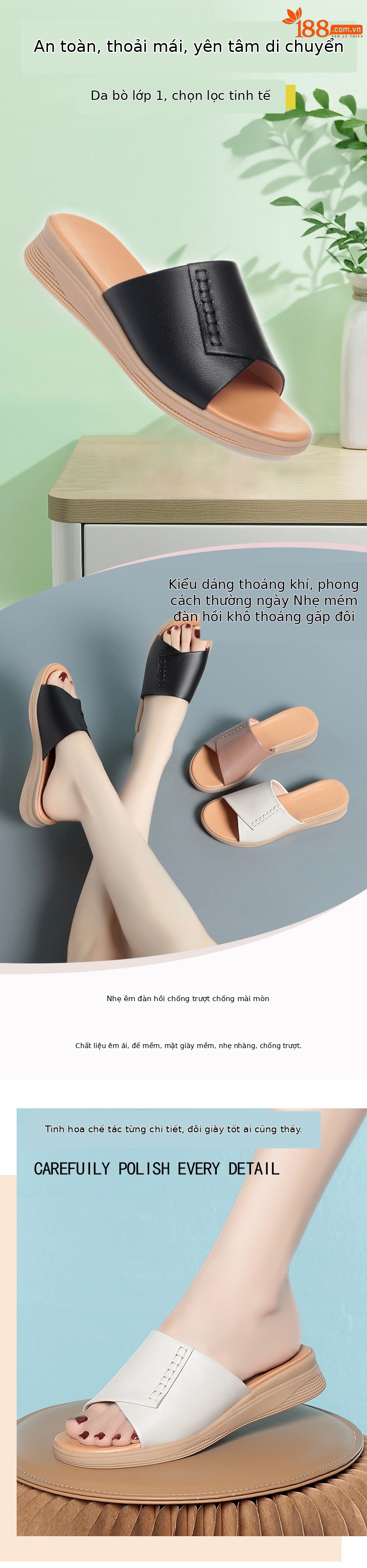 Dép da nữ quai chữ V đế cao su mềm mùa hè — Màu đen chi tiết 1