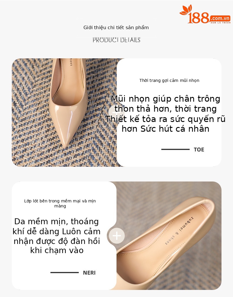 Giày cao gót nữ mũi nhọn gót 10,5 cm miệng nông chống thấm — Màu hồng nude chi tiết 3