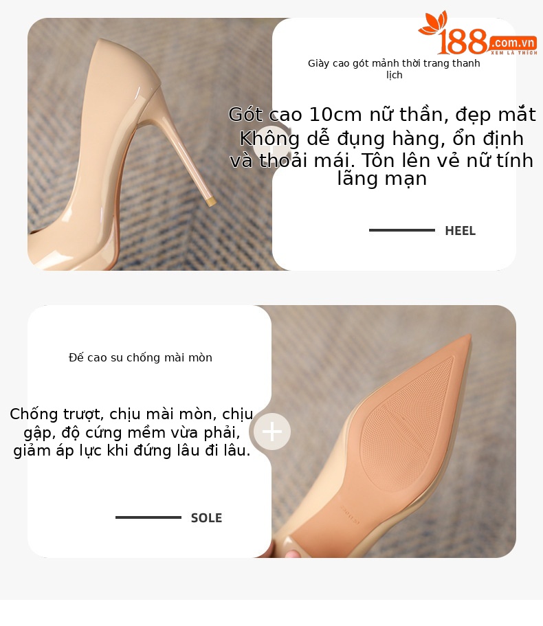 Giày cao gót nữ mũi nhọn gót 10,5 cm miệng nông chống thấm — Màu hồng nude chi tiết 4