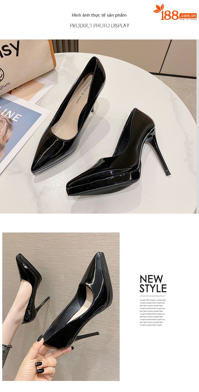Giày cao gót nữ mũi nhọn gót 10,5 cm miệng nông chống thấm — Màu hồng nude chi tiết 15