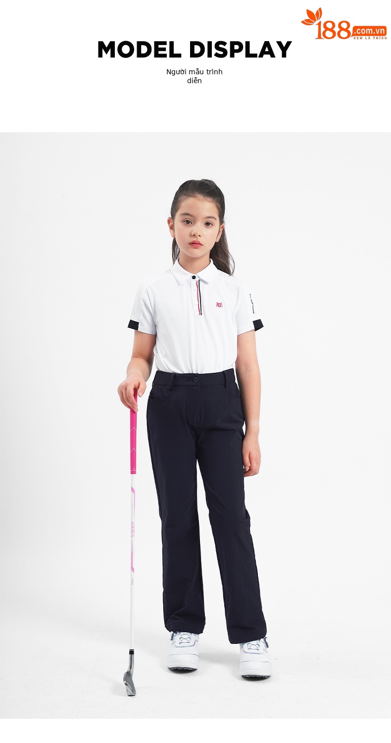 Quần dài golf trẻ em PGM thắt lưng co giãn cho bé gái mùa hè — Yf591-áo màu xanh hải quân, YF591-Áo màu trắng, KUZ155-quần đen, KUZ155-Quần Trắng chi tiết 6