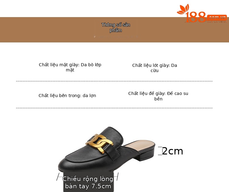 Dép mule nữ da bò đế bệt nửa kín mũi phong cách mùa xuân hè — Màu đen chi tiết 10