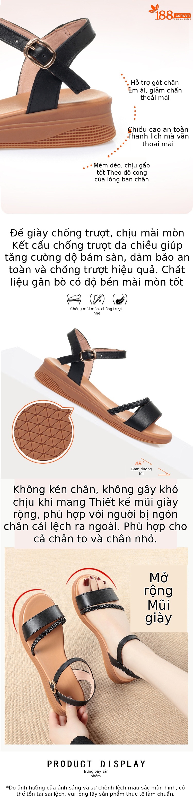 Sandal nữ đế bằng da thật quai chữ V đế dày mềm mại — Màu đen chi tiết 2