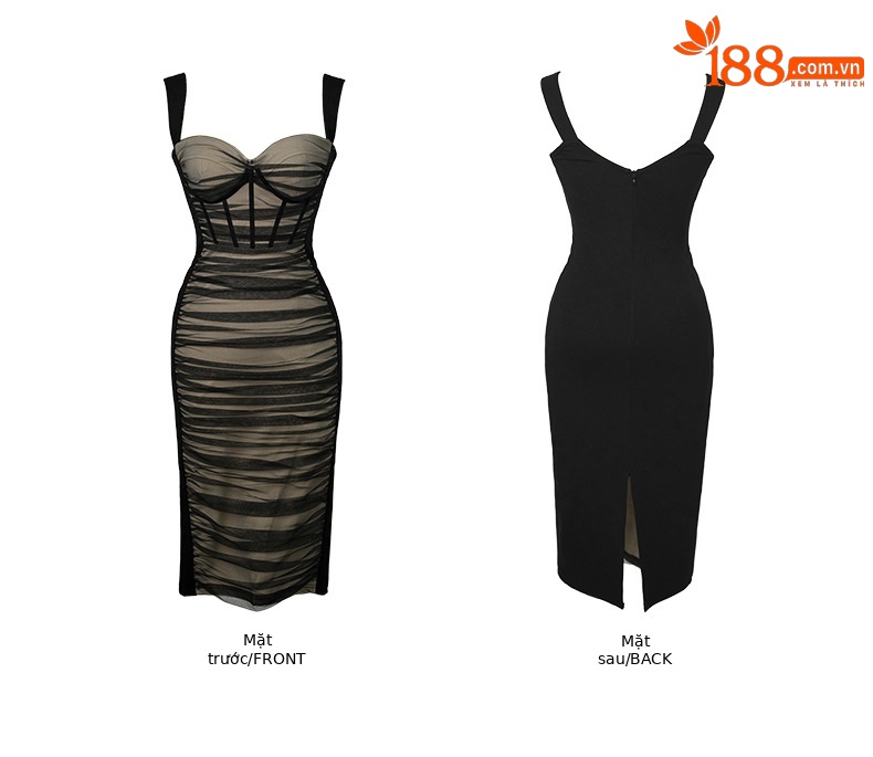 Đầm ôm body nữ kiểu Pháp họa tiết xương cá, phối lưới không dây — Màu đen chi tiết 3