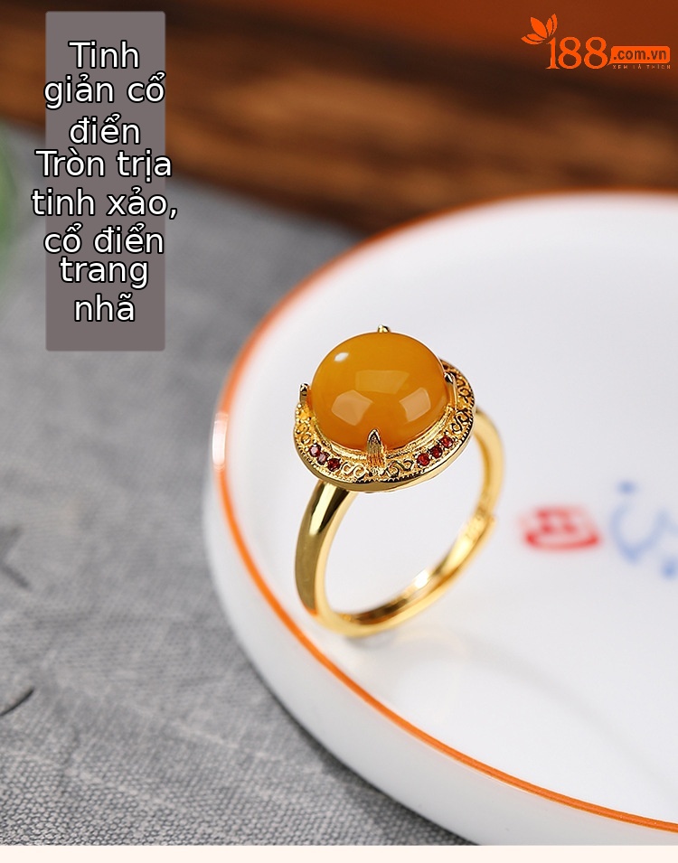 Nhẫn bạc S925 mạ vàng phong cách retro mặt trứng họa tiết sáp ong — Mở một size chi tiết 1