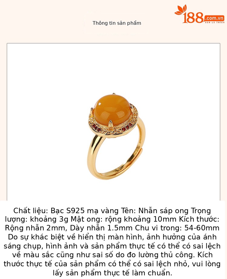 Nhẫn bạc S925 mạ vàng phong cách retro mặt trứng họa tiết sáp ong — Mở một size chi tiết 2