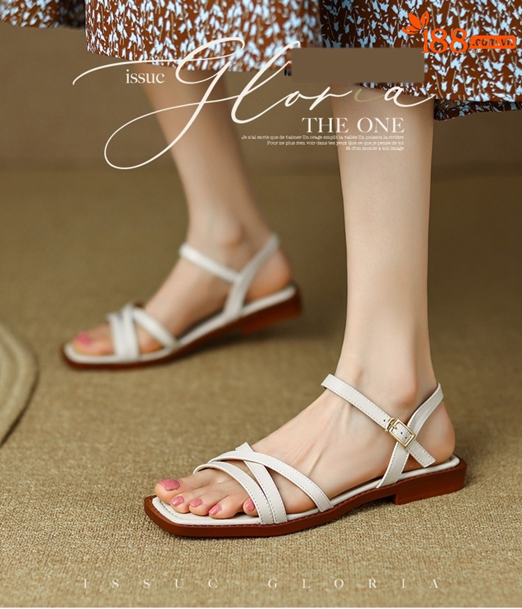Dép sandal nữ đế bệt mũi vuông hở ngón da bò một quai khóa ngang — Màu nâu chi tiết 2