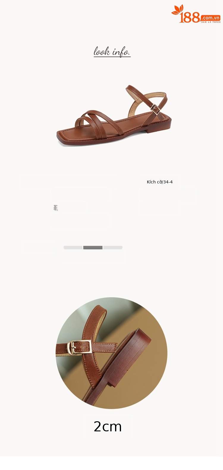 Dép sandal nữ đế bệt mũi vuông hở ngón da bò một quai khóa ngang — Màu nâu chi tiết 4