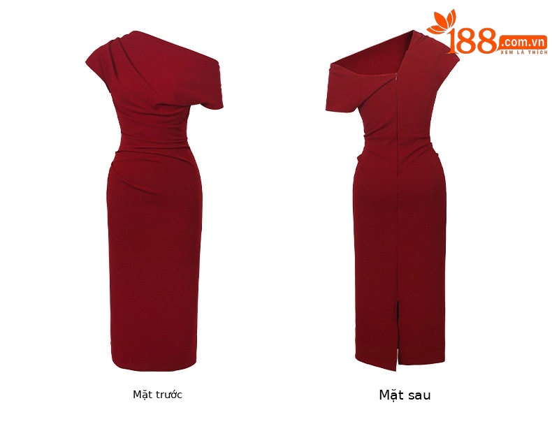 Đầm ôm body nữ dáng dài tay ngắn, cổ chéo, thiết kế eo ôm, phong cách Pháp — [Đen], [Xanh bạc hà], [Màu mơ], [Đỏ rượu vang] chi tiết 7