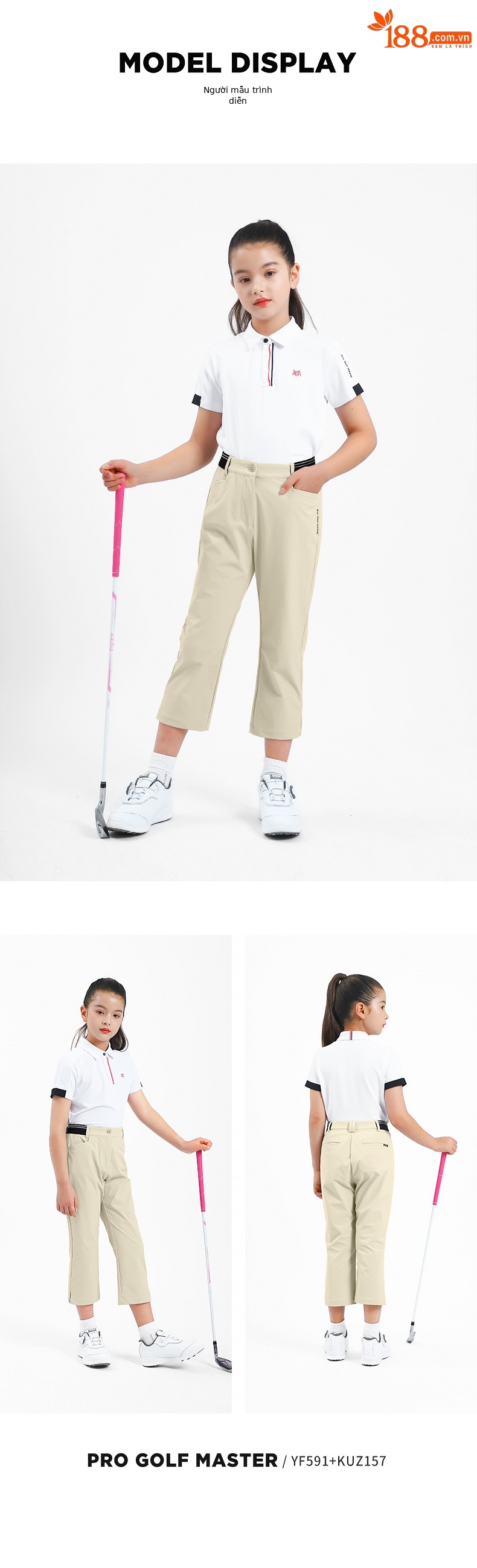 Quần cắt golf trẻ em PGM cạp co giãn, quần thể thao mùa hè cho bé gái — Yf591-áo màu xanh hải quân, YF591-Áo màu trắng, KUZ157-Quần cắt ngắn màu trắng, Kuz157-Quần cắt màu xanh nước biển chi tiết 7
