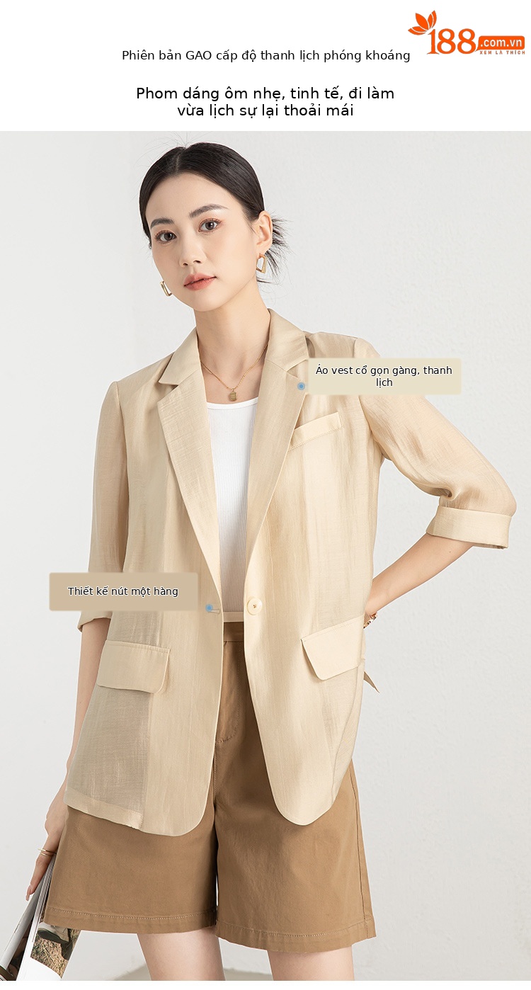 Áo blazer nữ mỏng mùa hè màu xanh lá cây dáng suông nhẹ — Màu Sâm panh chi tiết 4