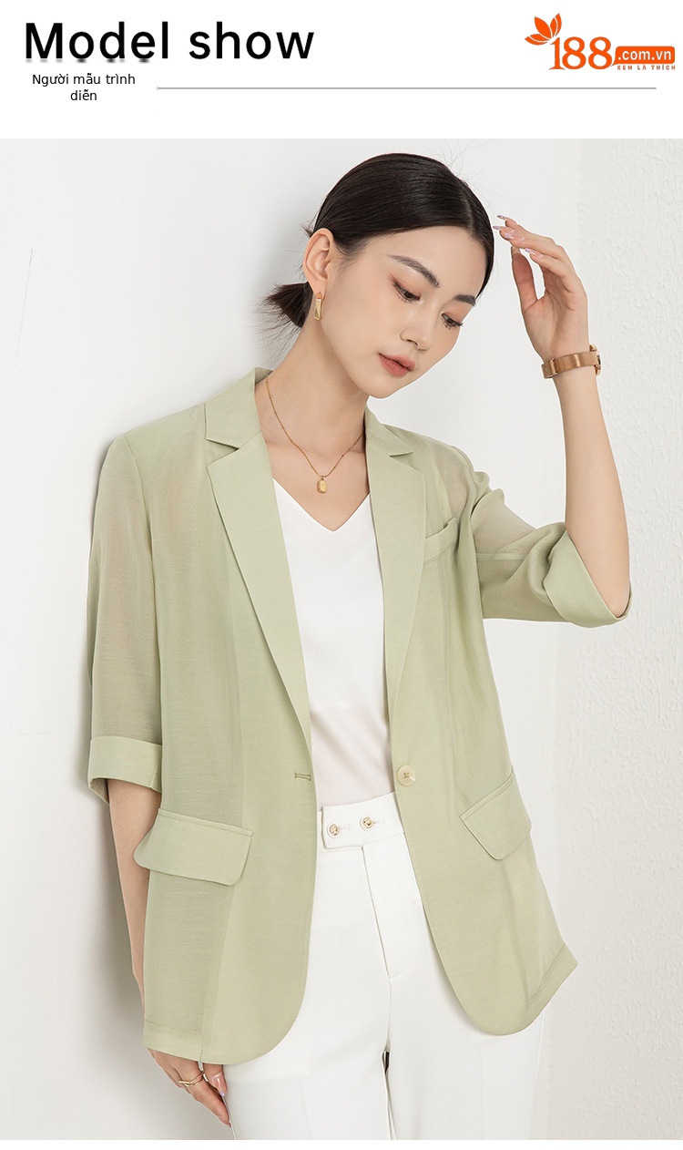 Áo blazer nữ mỏng mùa hè màu xanh lá cây dáng suông nhẹ — Màu Sâm panh chi tiết 7