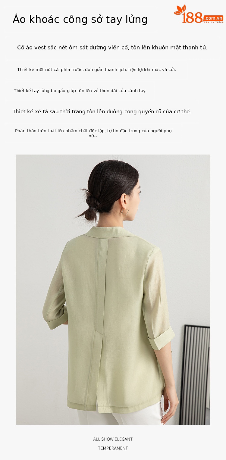 Áo blazer nữ mỏng mùa hè màu xanh lá cây dáng suông nhẹ — Màu Sâm panh chi tiết 2