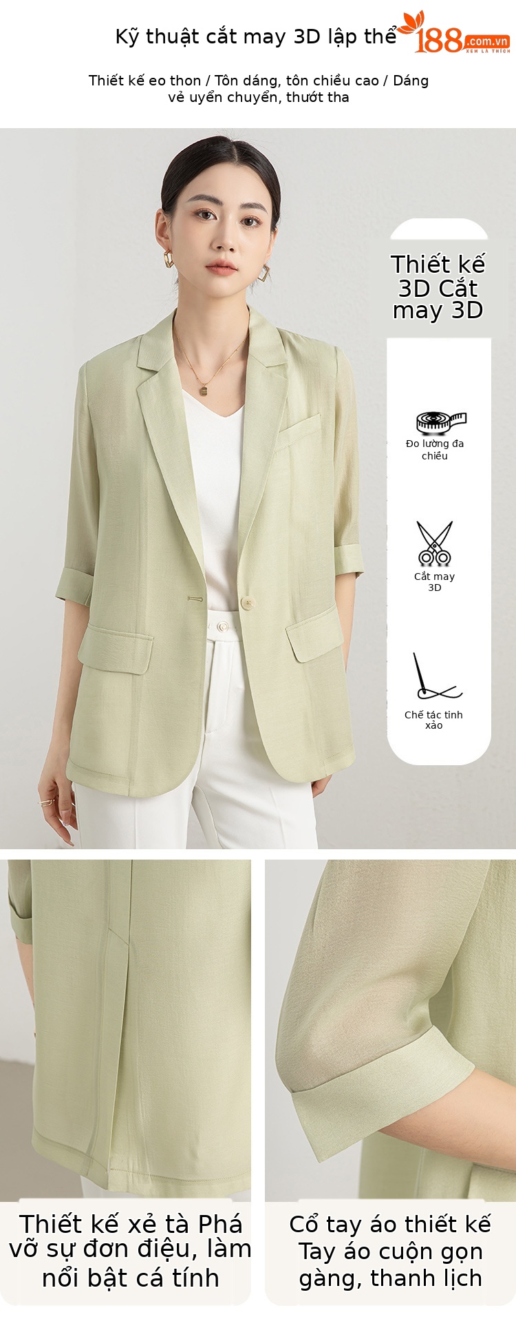 Áo blazer nữ mỏng mùa hè màu xanh lá cây dáng suông nhẹ — Màu Sâm panh chi tiết 5
