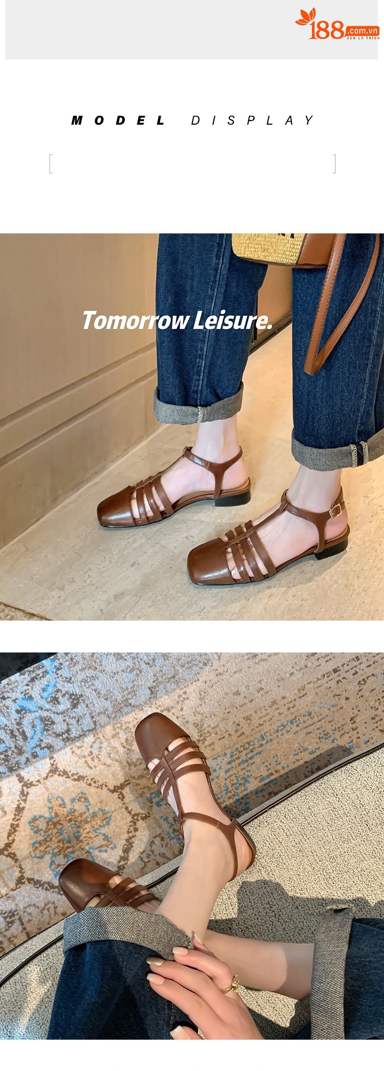 Sandal nữ đế bằng da bò lớp đầu quai chữ T dệt cổ điển — Màu nâu chi tiết 7
