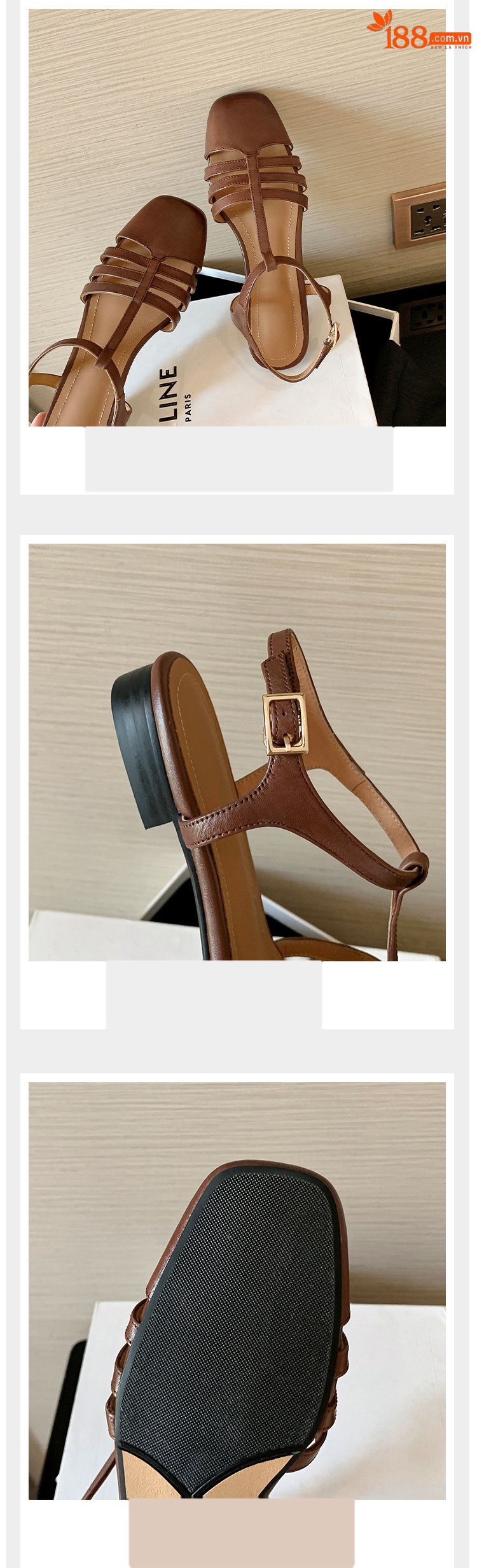 Sandal nữ đế bằng da bò lớp đầu quai chữ T dệt cổ điển — Màu nâu chi tiết 6