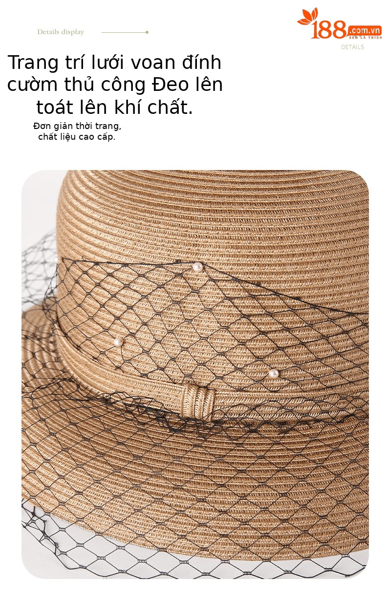 Mũ rơm nữ vành rộng chống nắng phong cách Hàn Quốc, có mạng che mặt, đi biển dạo phố — Cà phê nhạt chi tiết 8