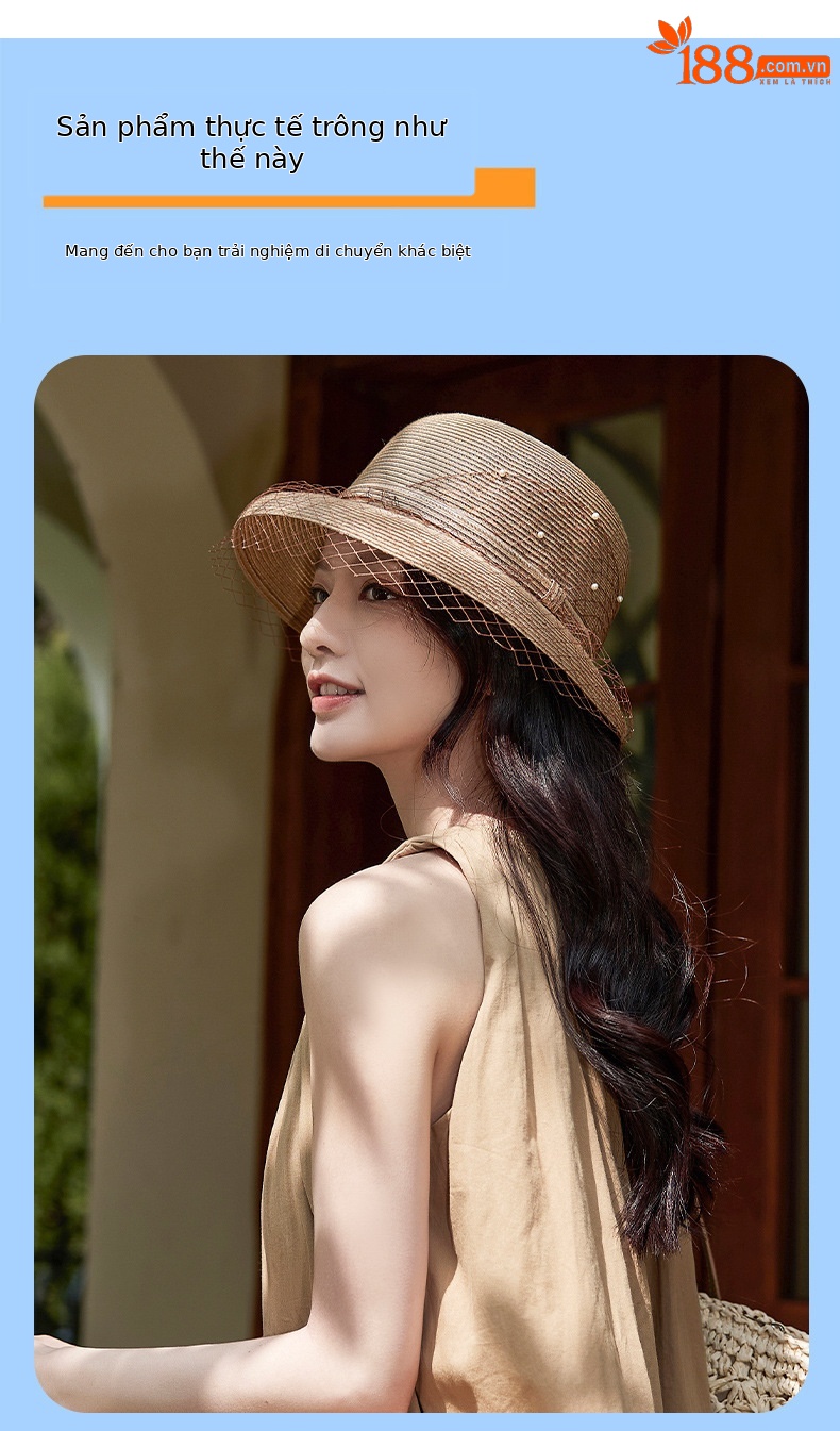 Mũ rơm nữ vành rộng chống nắng phong cách Hàn Quốc, có mạng che mặt, đi biển dạo phố — Cà phê nhạt chi tiết 10