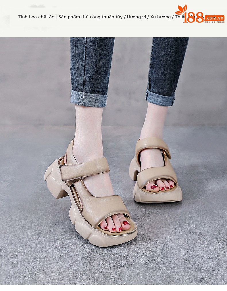 Dép sandal nữ quai ngang da bò thật, đế dày cổ điển, hở ngón, phong cách La Mã — Màu be chi tiết 1