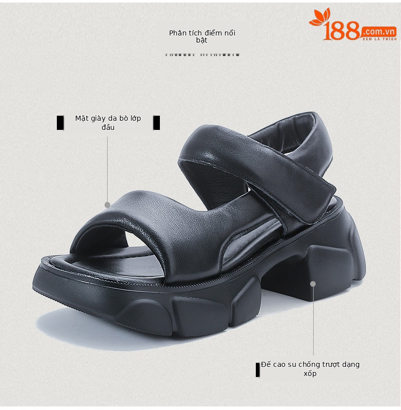 Dép sandal nữ quai ngang da bò thật, đế dày cổ điển, hở ngón, phong cách La Mã — Màu be chi tiết 3