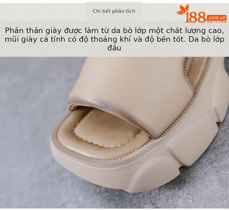 Dép sandal nữ quai ngang da bò thật, đế dày cổ điển, hở ngón, phong cách La Mã — Màu be chi tiết 4
