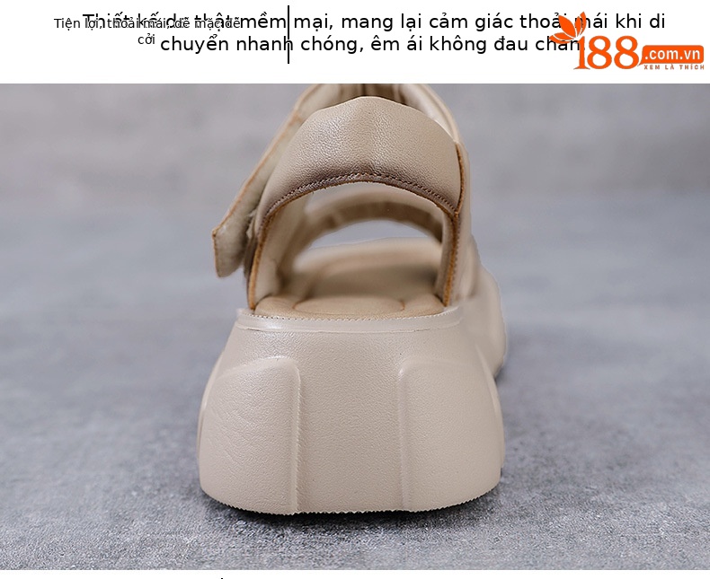 Dép sandal nữ quai ngang da bò thật, đế dày cổ điển, hở ngón, phong cách La Mã — Màu be chi tiết 6