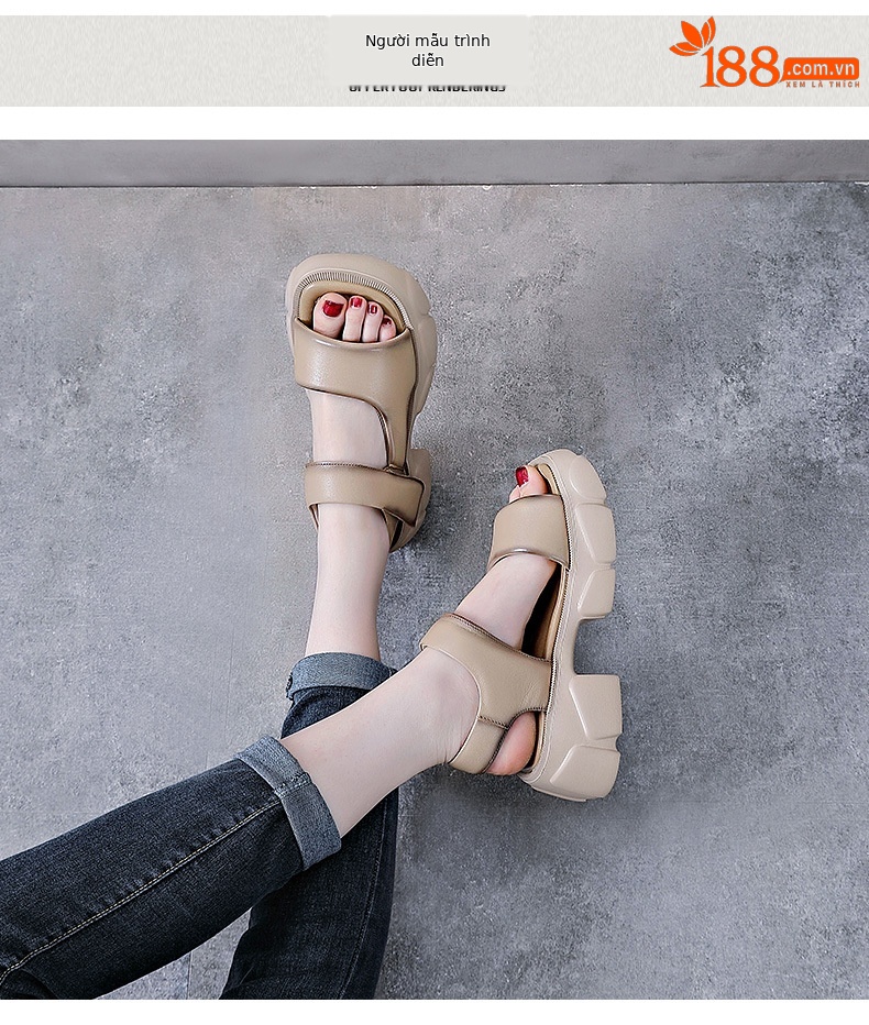 Dép sandal nữ quai ngang da bò thật, đế dày cổ điển, hở ngón, phong cách La Mã — Màu be chi tiết 8