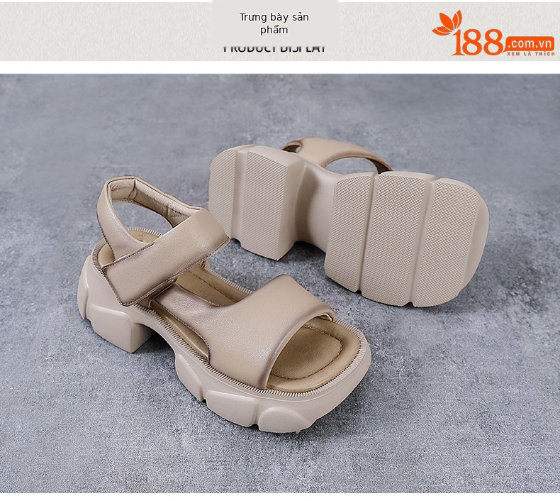 Dép sandal nữ quai ngang da bò thật, đế dày cổ điển, hở ngón, phong cách La Mã — Màu be chi tiết 9