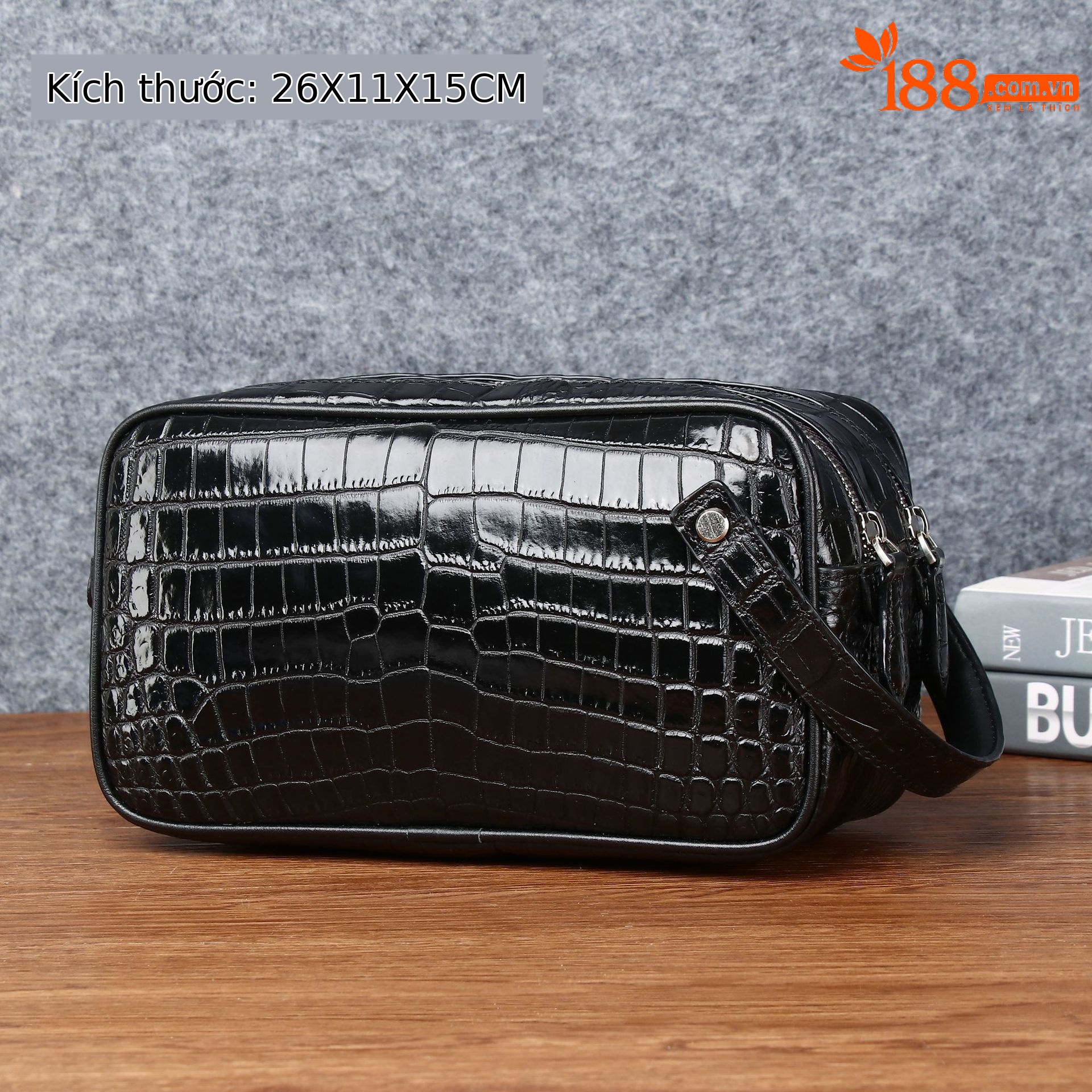 Túi clutch nam họa tiết bụng cá sấu dây kéo đôi dung tích lớn