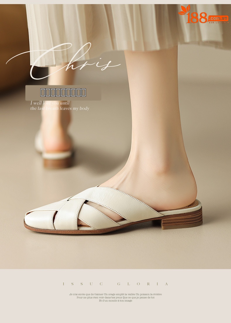 Dép sandal nữ mũi nhọn đế bệt da cừu dệt mùa hè — Màu trắng be chi tiết 3