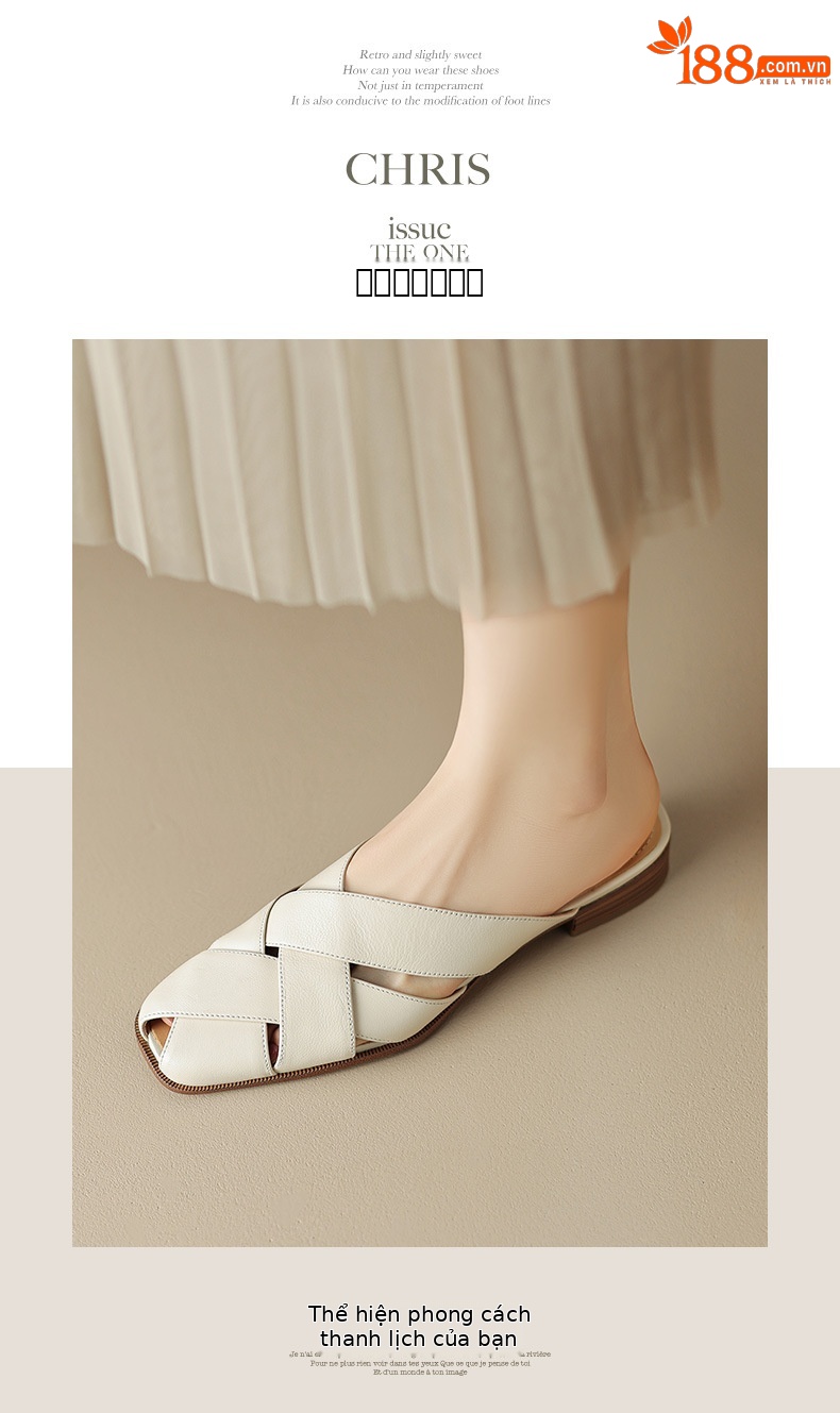 Dép sandal nữ mũi nhọn đế bệt da cừu dệt mùa hè — Màu trắng be chi tiết 7