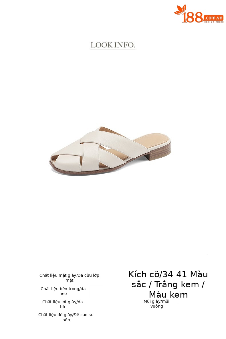 Dép sandal nữ mũi nhọn đế bệt da cừu dệt mùa hè — Màu trắng be chi tiết 4