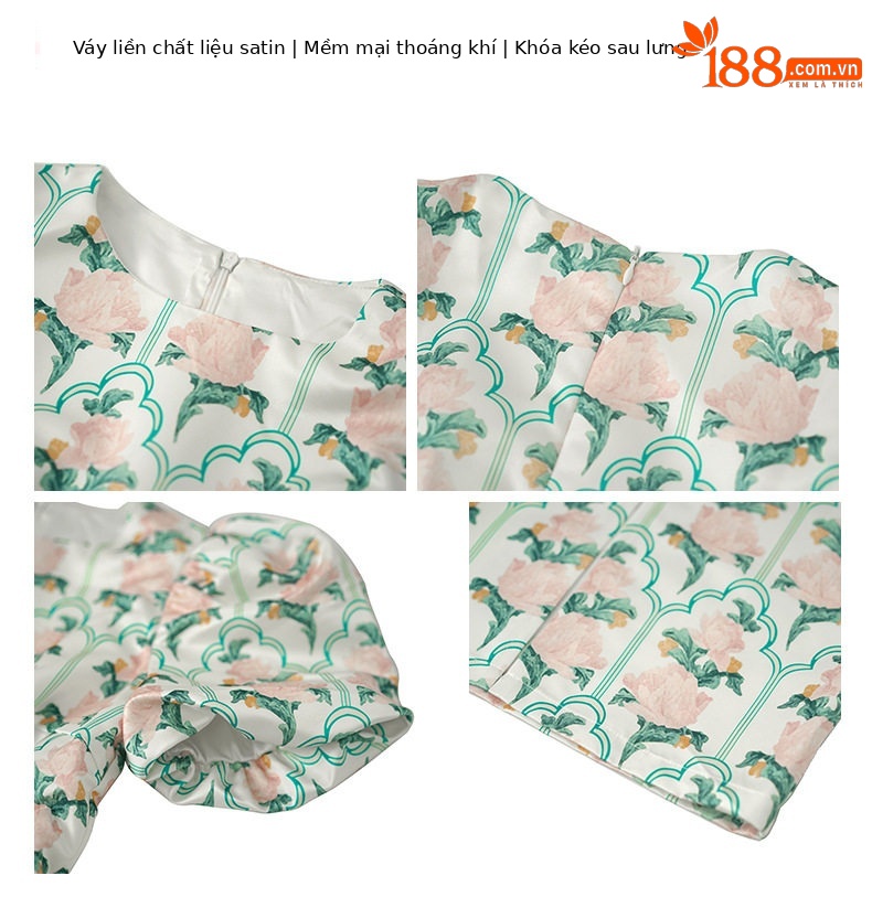 Đầm ôm body nữ cổ tròn tay bồng họa tiết hoa — [Xanh lá] chi tiết 1