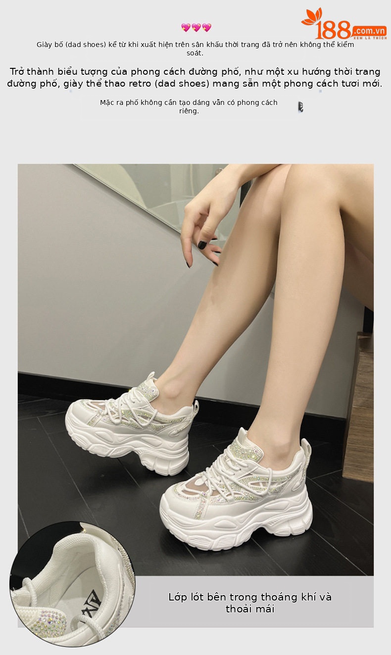 Giày sneaker nữ đế dày chunky phong cách thể thao, mũi tròn, dây buộc, đế cao 8 cm — Trắng, Hồng, Đen chi tiết 4