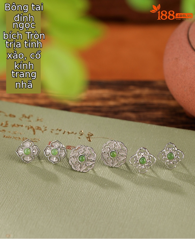 Bông tai nữ bạc S925 mạ vàng đính ngọc bích jasper phong cách retro — Mẫu Xiangyun chi tiết 1