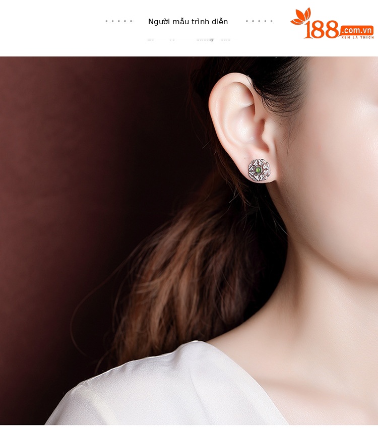 Bông tai nữ bạc S925 mạ vàng đính ngọc bích jasper phong cách retro — Mẫu Xiangyun chi tiết 6