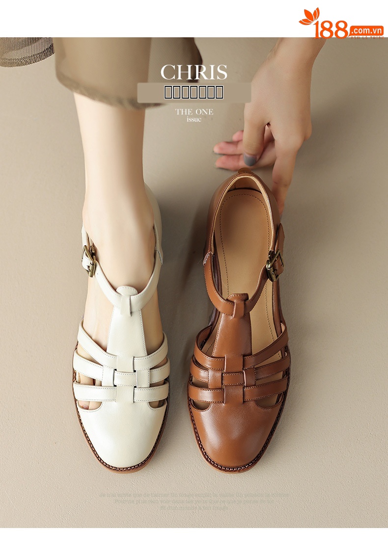Dép sandal nữ mũi kín quai chữ T dệt kiểu La Mã, gót dày — Màu nâu đậm chi tiết 3