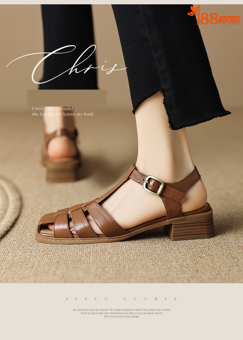 Sandal bít mũi dệt cổ điển nữ quai chữ T gót thấp da bò — Màu nâu đậm chi tiết 2